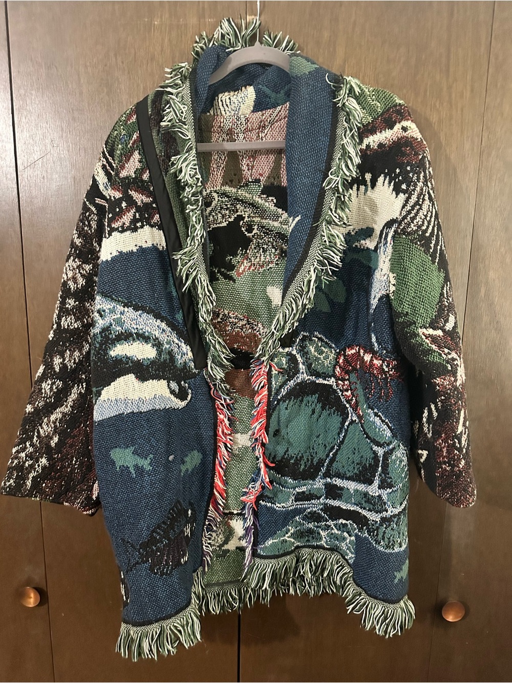 Handmade Fringed Boho Blanket Tapestry Knit Cardigan Blue & Green Animals Sz XL - Picture 3 of 16